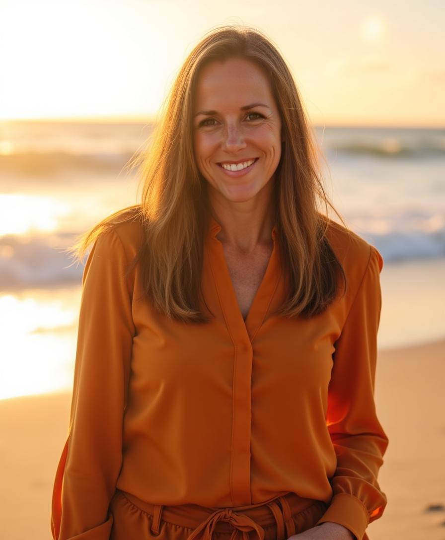 Erin Jean smiling on the beach at golden hour